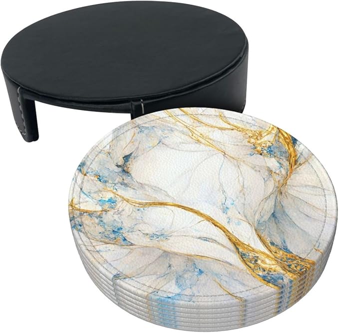 6 Pcs Abstract Luxury Blue Gold White Colors Marble Leather Coasters