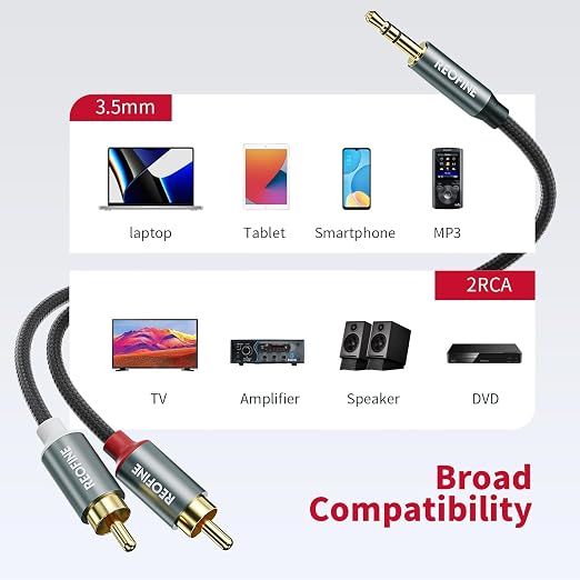 3.5mm to RCA Cable, 3.5 mm 1/8 to RCA 2-Male Headphone Jack Adapter HiFi Sound