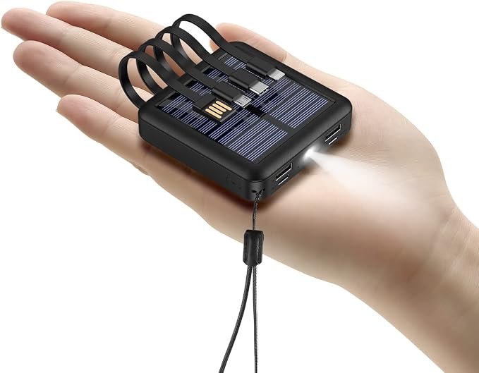 Solar Power Bank 12000mAh, Small Solar Charger Built in 4 Cables, USB C