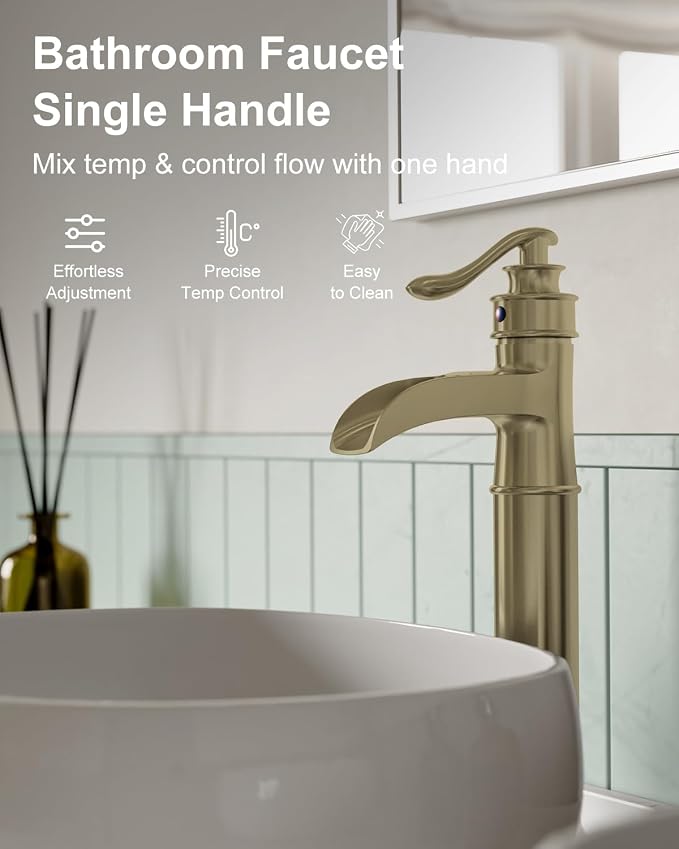 Vessel Sink Faucet Brushed Gold Waterfall Bathroom Sink Faucet Single