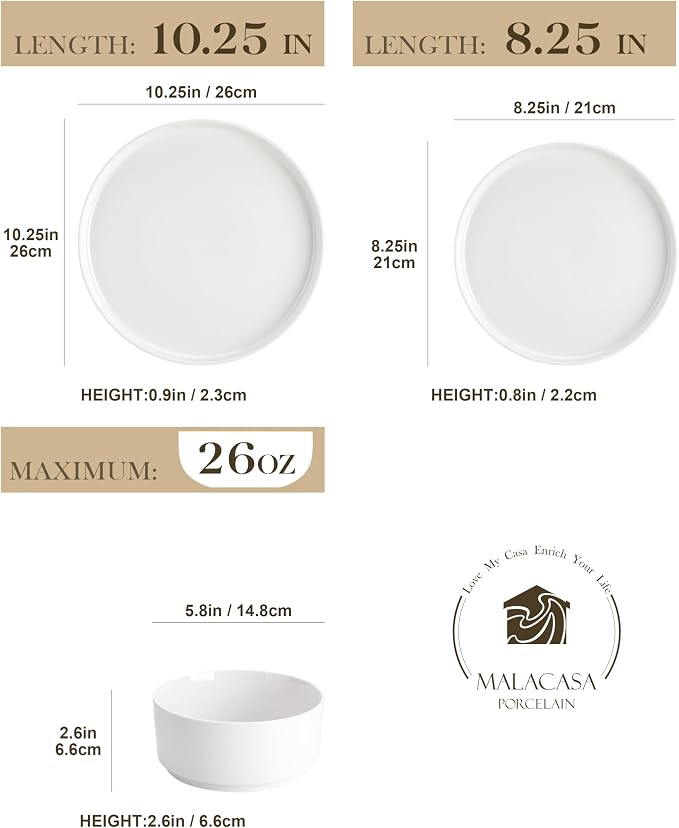 MALACASA 24 Pieces Porcelain Dinnerware Set, Modern White Dish Set