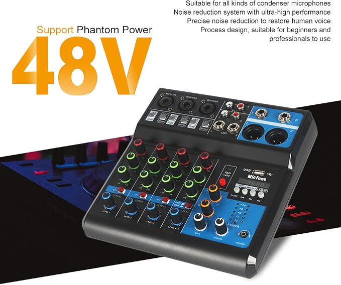 Mini audio DJ mixer Sound Board Console System, 5 Channel 48V Phantom Power