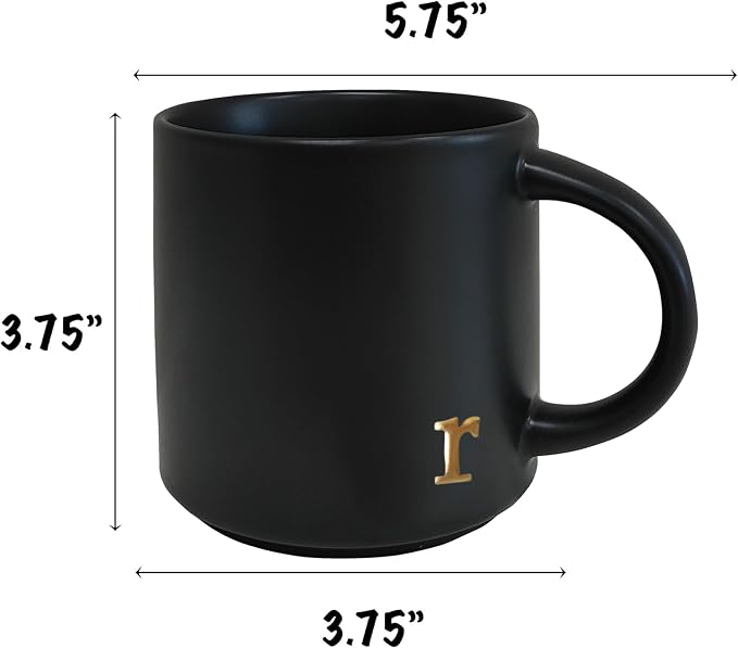 COLLECTIVE HOME Black Ceramic Coffee Mug, 15 oz Golden Monogram Tea Cup |