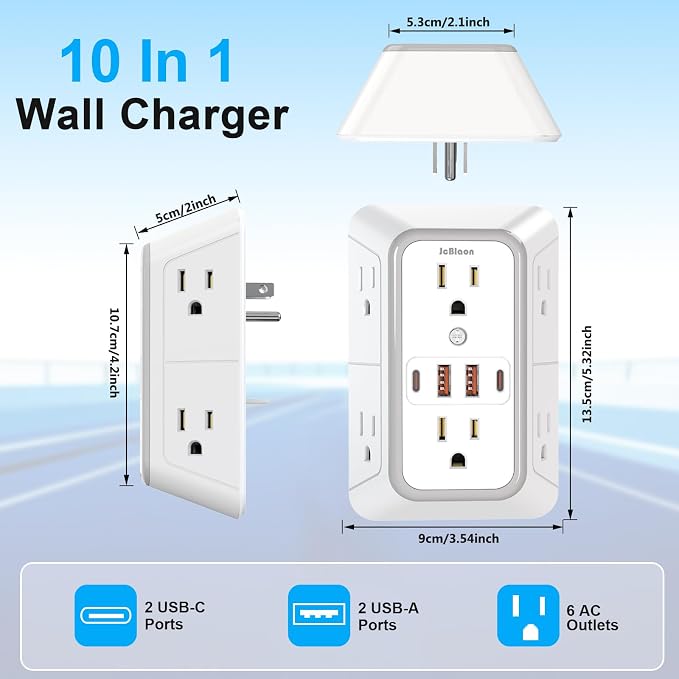 2 Pack Wall Charger, Surge Protector 6 Outlet Extender Multi Plug Wall Outlets