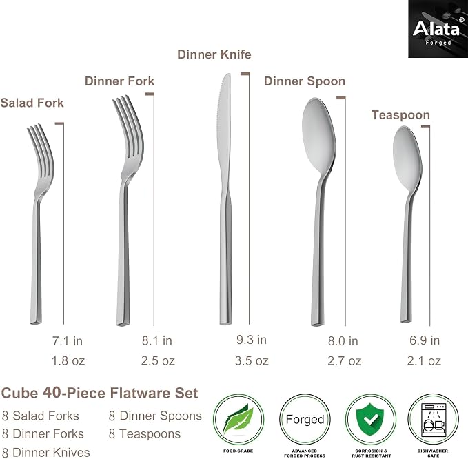 Alata Cube 40-Piece Forged Stainless Steel Flatware Set Cutlery Set, Mirror