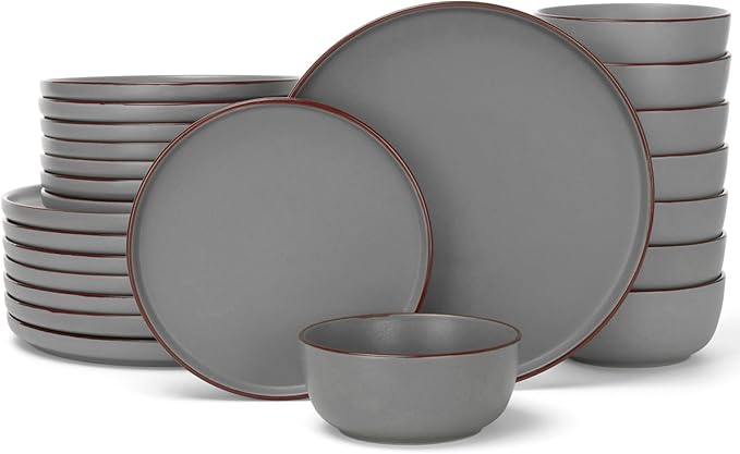 Famiware Mercury 24-Piece Stoneware Dinnerware Set, Dark Grey | Plates and Bowls