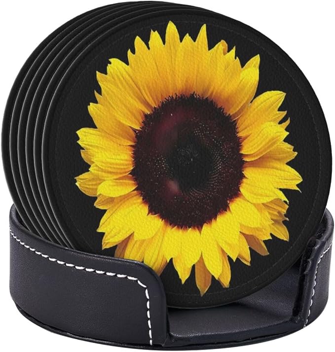6 Pcs Black Farmhouse Blossom Sunflower Leather Coasters