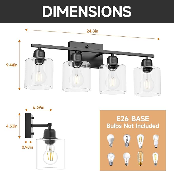 Modern 4 Light Bathroom Light Fixtures, 24 inch Black Vanity Lights