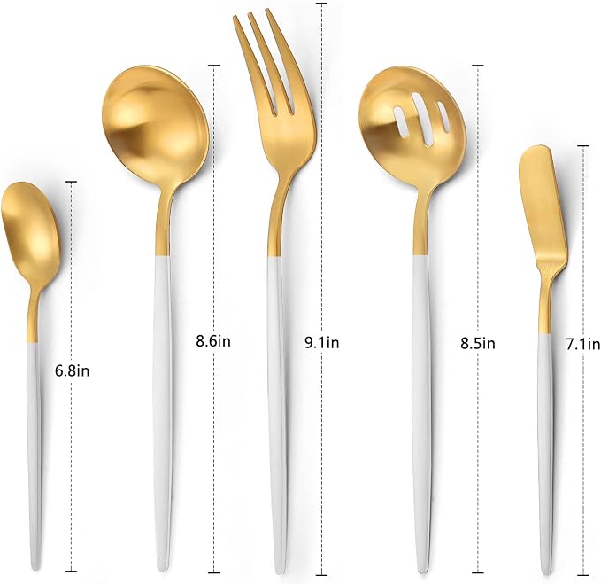 VANVRO Matte White Gold Serving Silverware Set, 5-Piece Round Shared Utensils