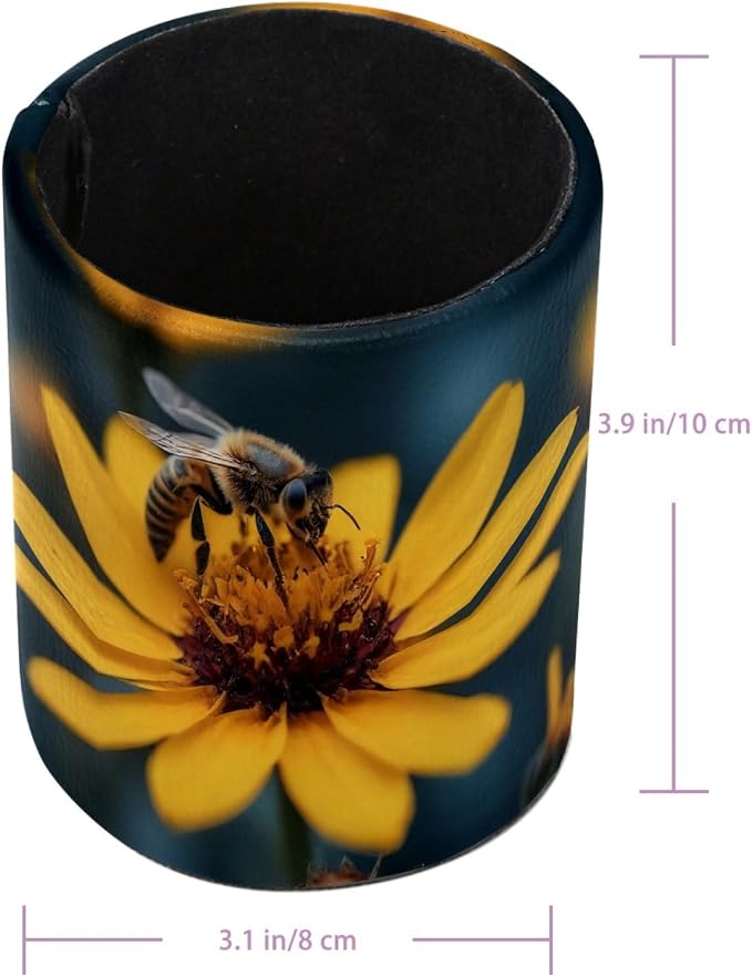 Leather Pen Holder for Desk, Honeybee Pencil Cup Pen Organizer Makeup Brush