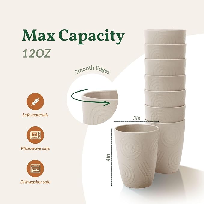 Homienly Wheat Straw Cups 8 PCS Plastic Cups Unbreakable Drinking Cup Reusable