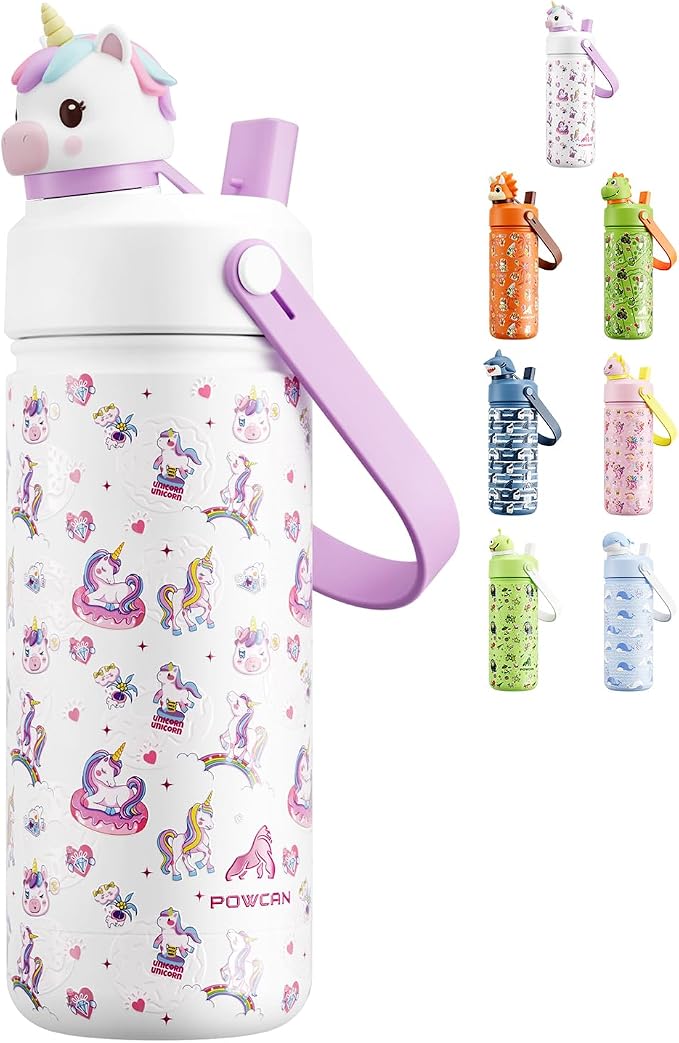 POWCAN Kids Water Bottle for School: 2-in-1 Straw Spout Lid