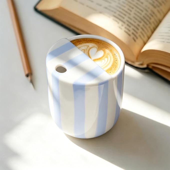 Ceramic Coffee Mug with Sip Hole 10 oz Retro Espresso Cup with Half Lid Hand