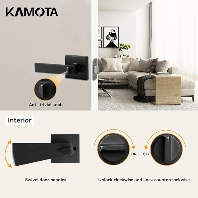 Privacy Door Levers, 4 Pack Matte Black Door Handles Bed and Bath Door