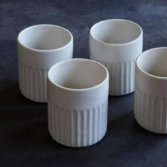 Goodies White Ribbed Water Cups, Handmade Ceramic, Dishwasher Safe, Microwave