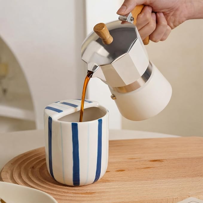 Ceramic Mug with Sip Hole 10 oz Deep and Light Blue Red Striped Ceramic Coffee