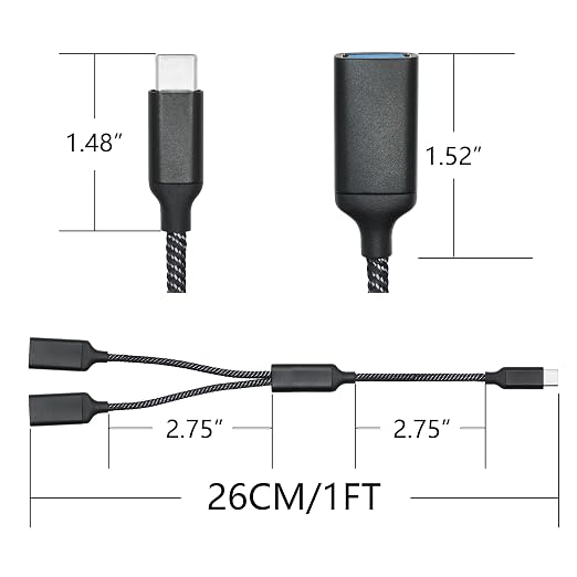 USB Splitter Cable 1FT, USB Type C Male to Dual USB A Female Y Splitter Adapter