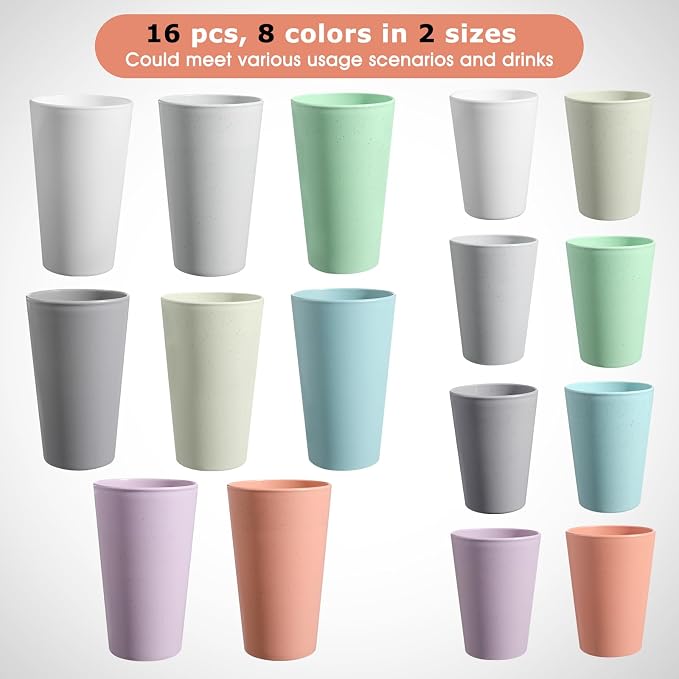 HEYCOME Set of 16 Wheat Straw Cups, Reusable Plastic Cups Sets, Water Glasses