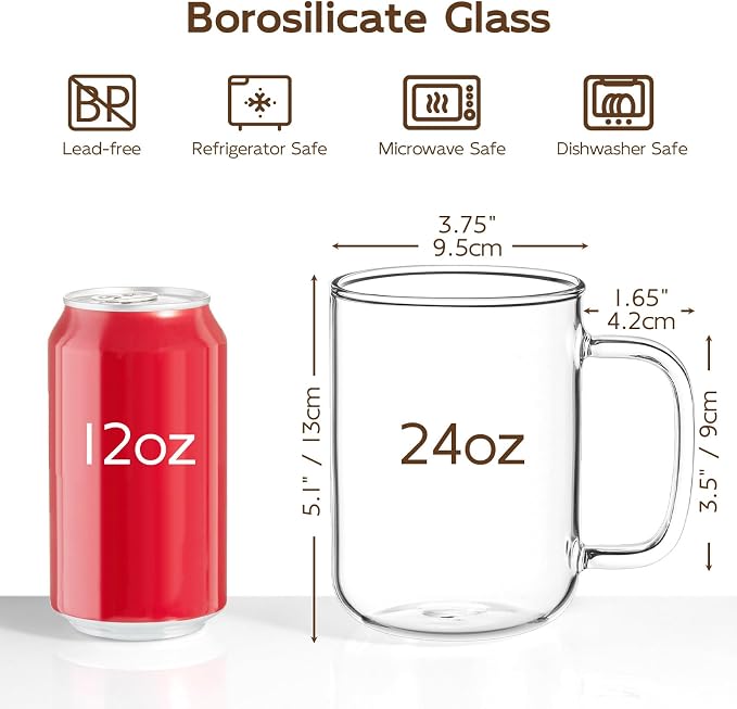 Glass Coffee Mugs, 24 oz Ice coffee cups, Large Clear Tea Cups Set of 4