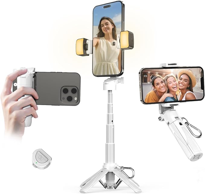 Mini Selfie Stick with 2 Fill Lights, Portable Phone Tripod with Remote and