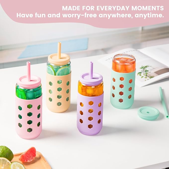 Mrsdry 20 oz Glass Cups with Lids and Straws