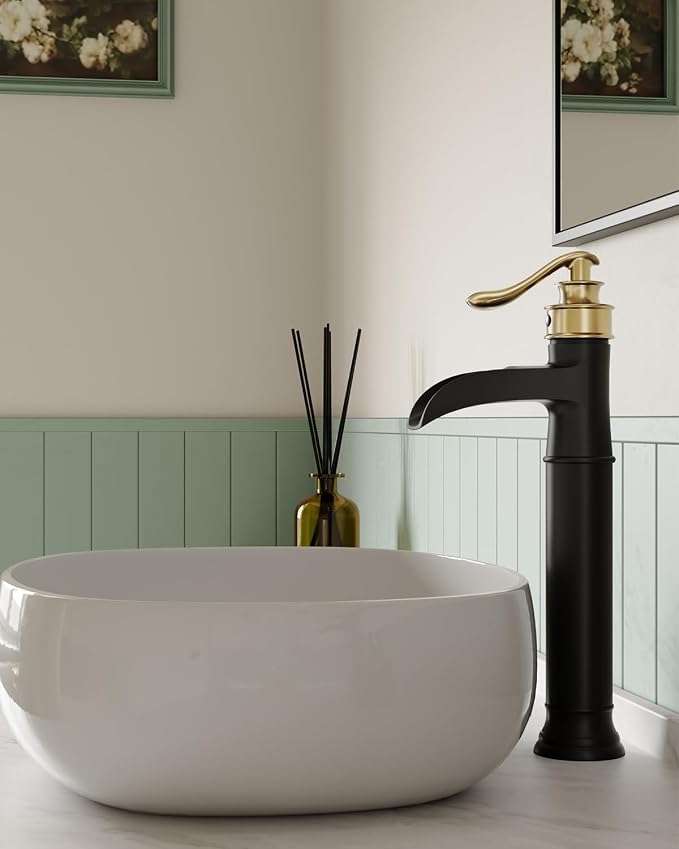 Waterfall Vessel Sink Faucet Black and Gold Bathroom Faucet 1 Hole