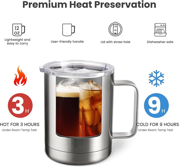 MEWAY 12oz Coffee Mug With Handle 4 Pack Bulk, Stainless Steel Insulated Travel