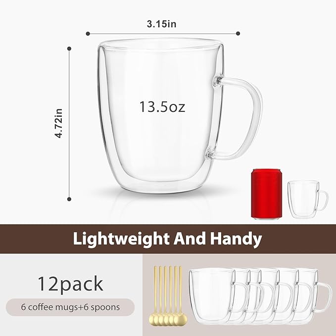 VENVENWEAVS Glass Coffee Mugs Set Of 6, 13.5 OZ Insulated Double Wall Coffee