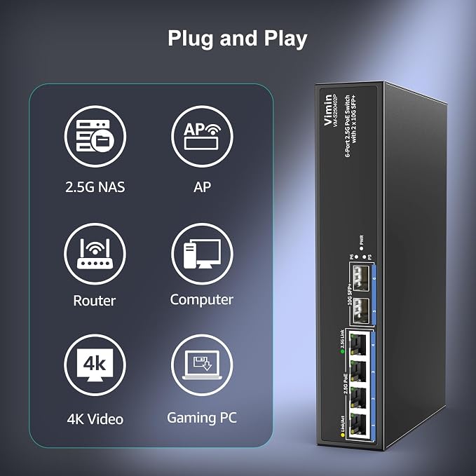6-Port 2.5G PoE Switch Unmanaged, 4X 2.5GBase-T PoE Ports, 2X 10Gbps SFP