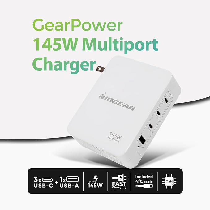 IOGEAR GearPower 145W Multiport Charger, 4 Port, USB-C Cable, iPhone 16