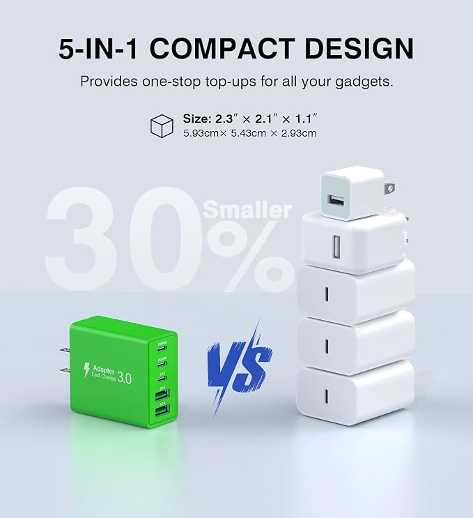 2 Pack 50W USB C Fast Charger Block, 5-Port Type C Wall Charger Brick, 2 USB A