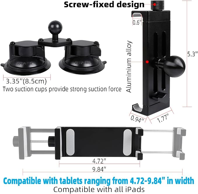 Aluminum Tablet Holder for All iPad, 360° adjustable Secure Double Suction Cup