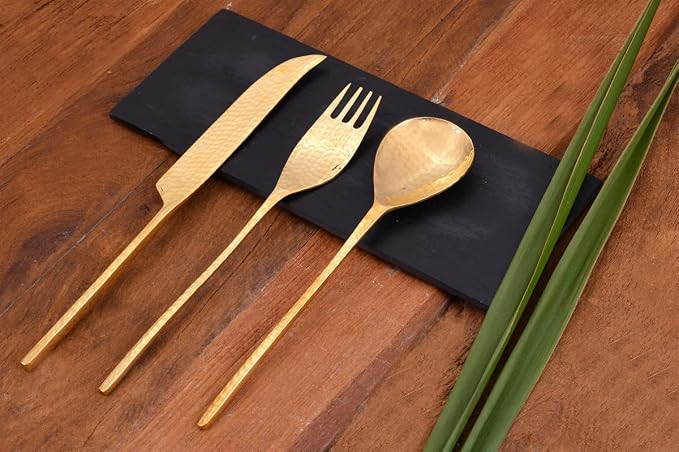 DeKulture Handmade Pure Brass 3 Pieces Cutlery Set Premium Deluxe Tableware