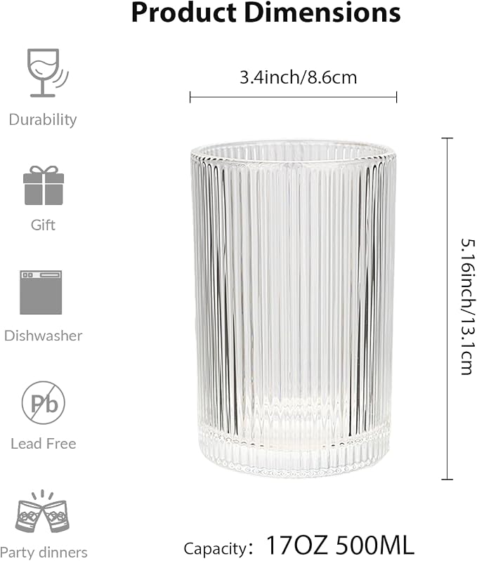 Set of 6 Large capacity Ribbed Glassware, 17oz Vintage Clear Glass Tumbler