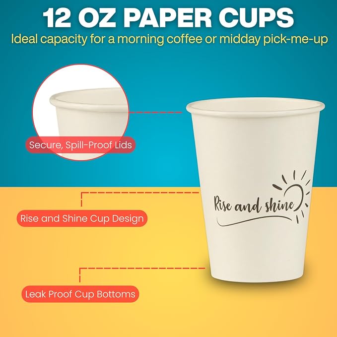 Disposable Coffee Cups, To Go Paper Hot Cups, Rise and Shine Design