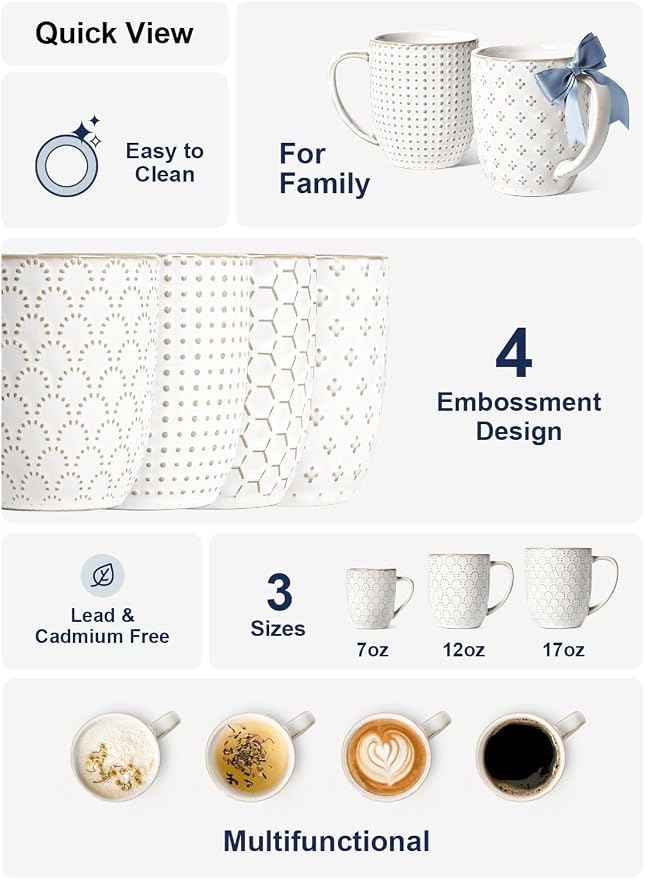 LE TAUCI Coffee Mugs 12 oz, Ceramic Mug Set Set of 4, Embossment Cups
