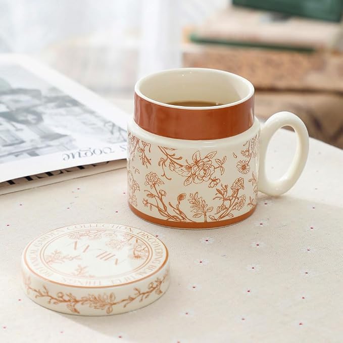 12.9oz Ceramic Coffee Mug with Lid, Flower Patterned Porcelain Mug, Ceramic Tea
