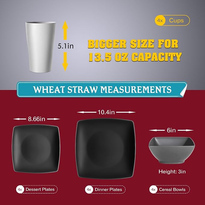 Teivio 16-piece Plastic Wheat Straw Square Dinnerware Set
