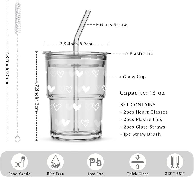 INSETLAN 13 oz Heart Decal Glass Tumblers Set of 2, Thick Wall Glass Cups