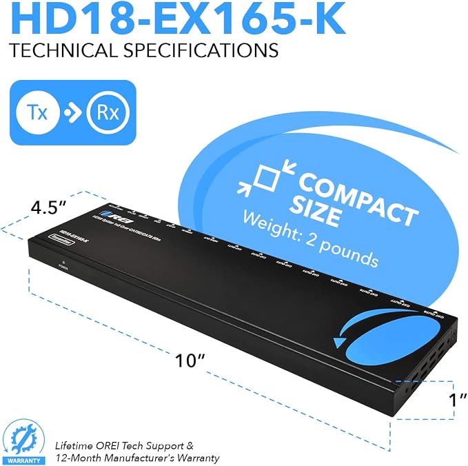 OREI 4K 1x8 HDMI Extender Splitter Multiple Over CAT 6/7 Cable