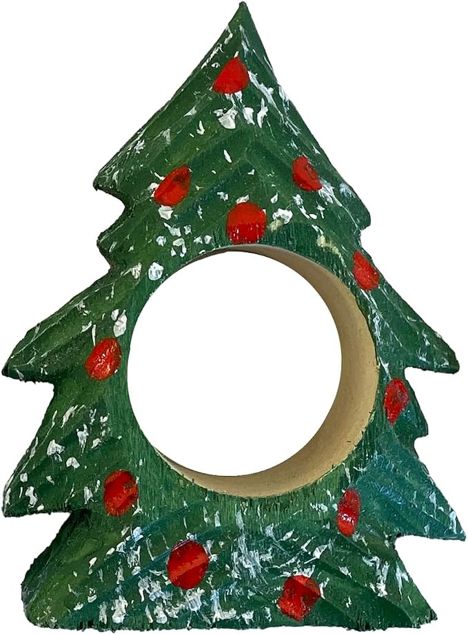 Set of 4 Hand-Carved Wooden Holiday Napkin Rings, Christmas Tree, Pumpkin &