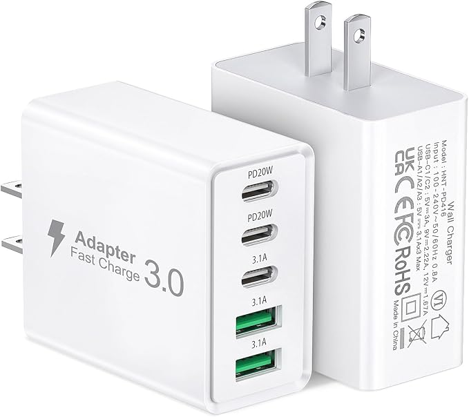 2Pack USB C Fast Charger Block, 50W 5-Port USB C Wall Charger Brick, 2 USB A &