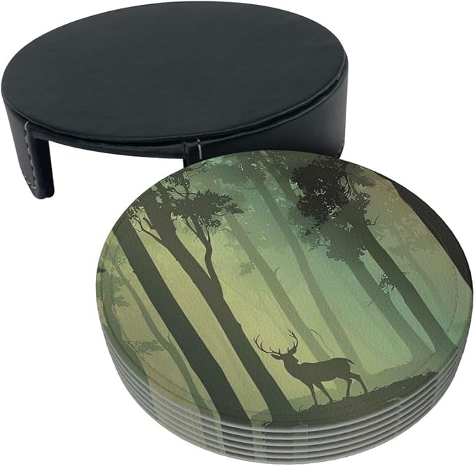 6 Pcs Deciduous Forest Bird Deer Leather Coasters
