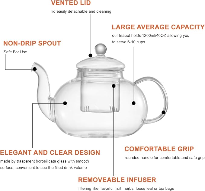 Glass Teapot Set, 40OZ/1200ml Stovetop Safe Glass Tea Kettle