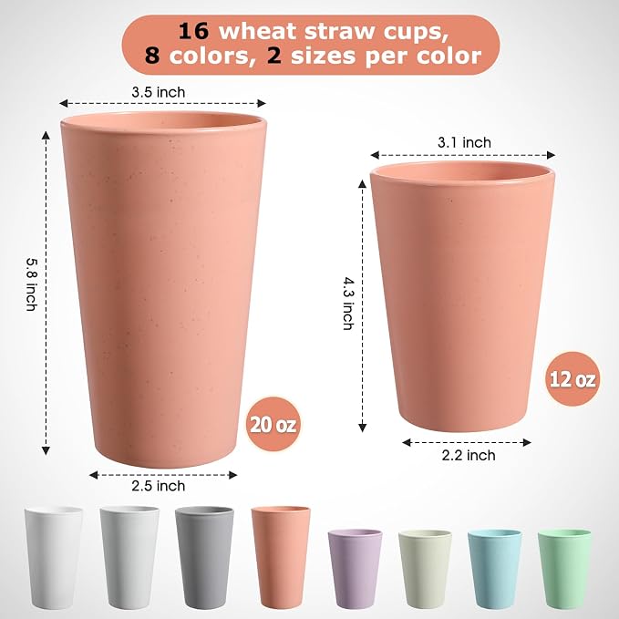 HEYCOME Set of 16 Wheat Straw Cups, Reusable Plastic Cups Sets, Water Glasses