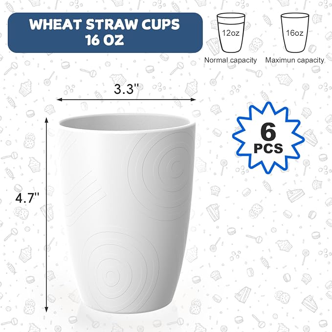 Wheat Straw Cups 6 PCS, Unbreakable 16 OZ Tumbler Set, Lightweight Glass Cups