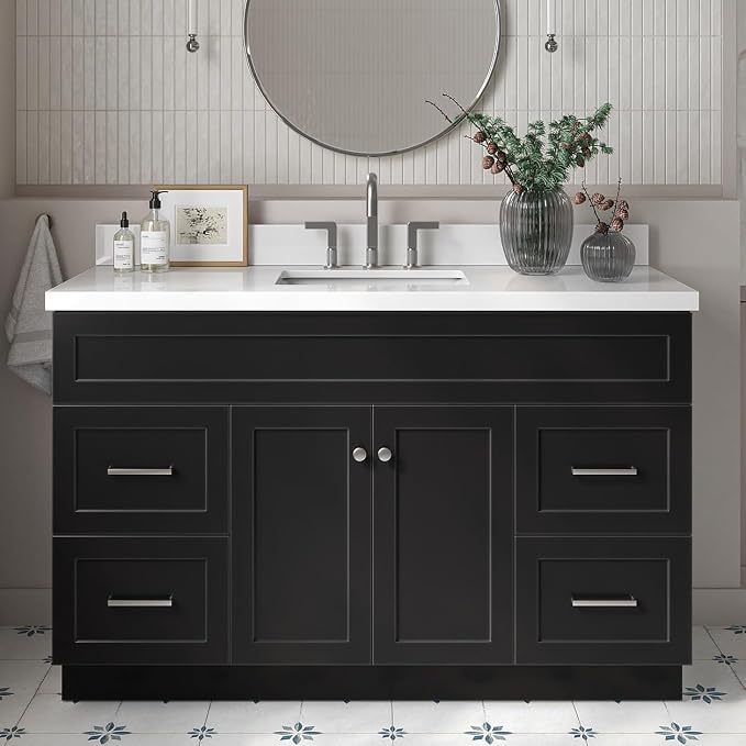 55" Black Bathroom Vanity 1.5" Edge Pure White Quartz Countertop
