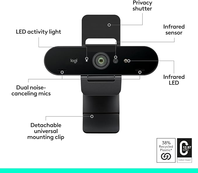 Logitech Brio 4K Webcam, Video Calling, Noise-Cancelling mic, HD Auto Light