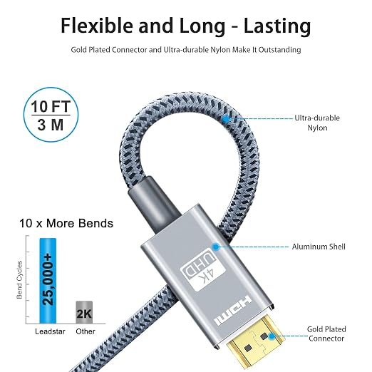 LEADSTAR HDMI Cable 4K 10 ft / 3m, High Speed HDMI 2.0 Cord Braided | 4K@60Hz