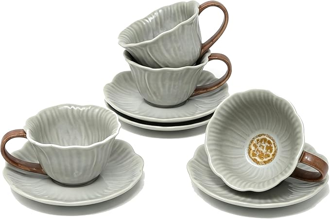 KOOV Latte Cup and Saucer Set of 4, Vintage Hand-Painted 10 oz Ceramic